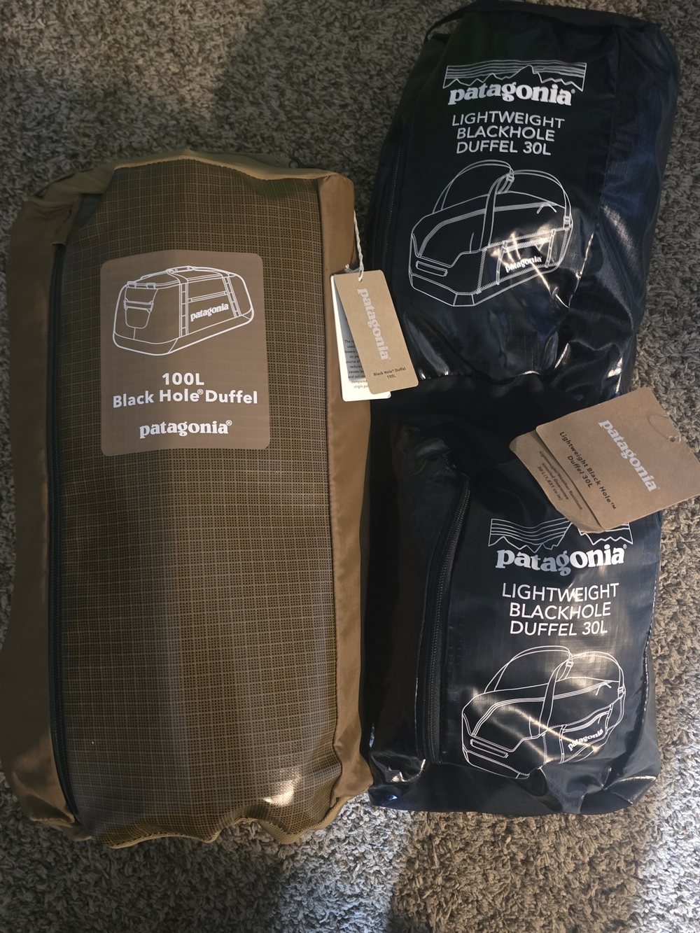 Patagonia Black Hole Duffel 100L + 30L Lightweight Duffels - Black & Olive